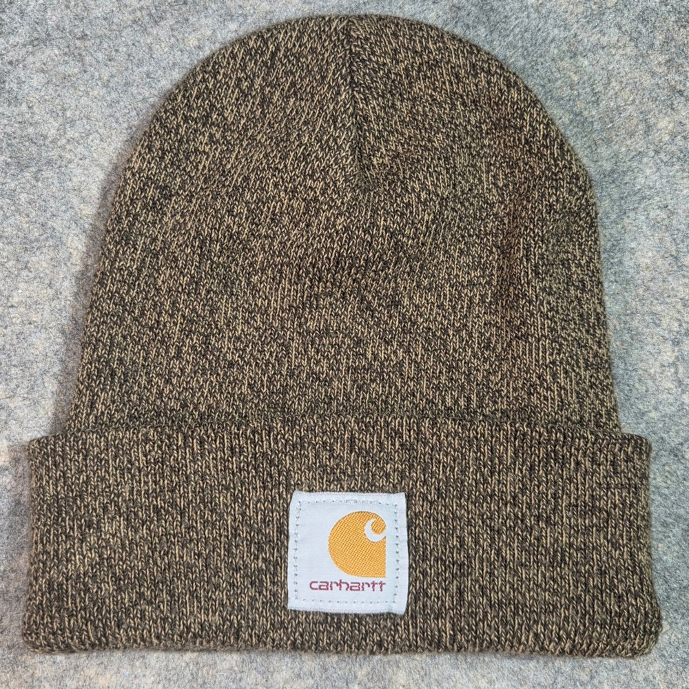 Carhartt Mens Brown Black Marled Knit Cuffed Beanie Logo Patch Workwear Hat